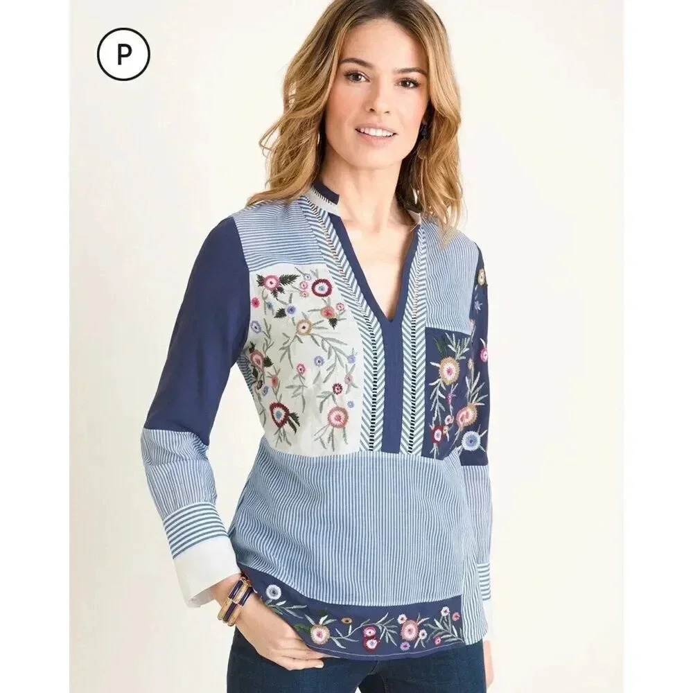 Chico's Petite Patchwork Embroidery Top